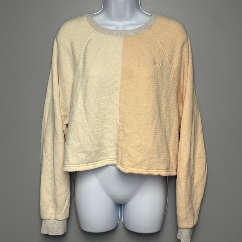 Madewell Colorblock Minimalist Neutral Pink Cream Crop Crew‎ Sweatshirt Women XL